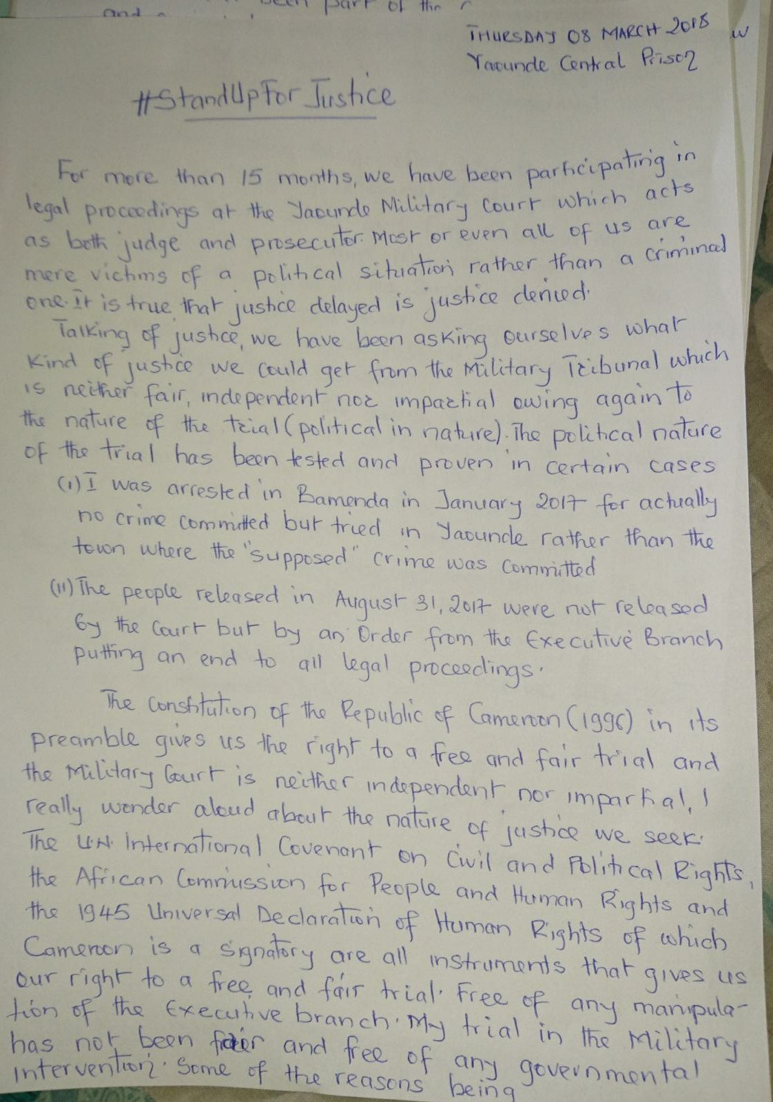 Penn Terrence’s Kahn letter to court declaring the beginning of civil disobedience by ending voluntary participation in court hearings. Page 1