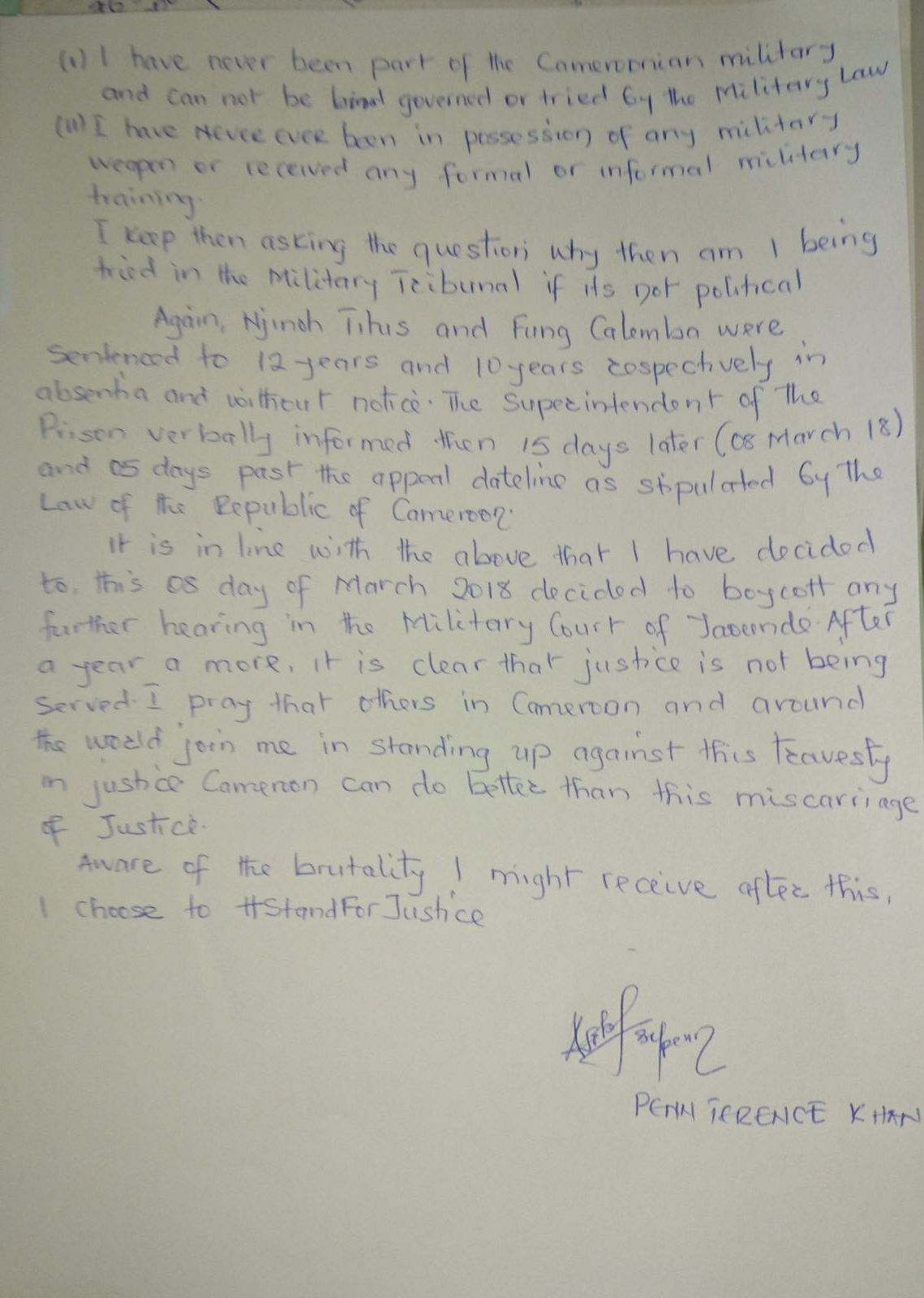 Penn Terrence’s Kahn letter to court declaring the beginning of civil disobedience by ending voluntary participation in court hearings. Page 1